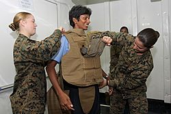 US Navy 100714-M-6044V-029 Marine Corps Sgt. Krystal L. Marshall, left, communications detachment maintenance chief, and 1st Lt. Briana Carter, assistant operations officer of Combat Logistics Battalion 15