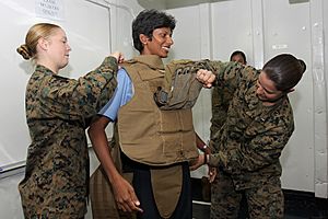 US Navy 100714-M-6044V-029 Marine Corps Sgt. Krystal L. Marshall, left, communications detachment maintenance chief, and 1st Lt. Briana Carter, assistant operations officer of Combat Logistics Battalion 15