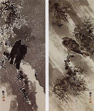 A black hawk and two crows by Yosa Buson