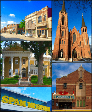 Clockwise from top: day city,ca St. Augustine's Church, Paramount Theater, Spam Museum, Hormel Historic Home