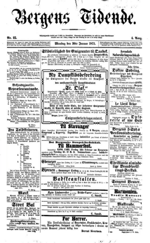 Bergens Tidende 30. januar 1870 - framside