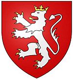 A red shield with a white lion rampant