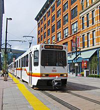 Denver light rail train at 16th-California station