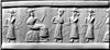 Akkadian cylinder seal impression depicting a vegetation goddess, possibly Ninhursag, sitting on a throne surrounded by worshippers (circa 2350–2150 BC)