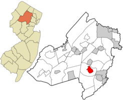 Location of Morristown in Morris County highlighted in red (right). Inset map: Location of Morris County in New Jersey highlighted in orange (left).