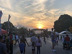 Sunset over a festival on Grandview's revitalized Main Street.