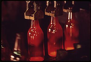 NEW BEER BOTTLES ON ASSEMBLY LINE AFTER BEING MOLDED FROM 100^ OLD GLASS. PART OF A NEW GLASS RECYCLING PROCESS FOR... - NARA - 543703