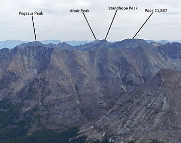A photo of Altair and surrounding peaks viewed from Hyndman Peak.