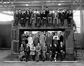 University of California Radiation Laboratory staff on the magnet yoke for the 60-inch cyclotron, 1938