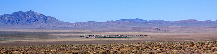 A495, Rachel, Nevada, USA, town and surrounding mountains, 2016