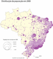 A map of Brazil, with purple circles denoting areas of high population in the year 2000. A large majority of the circles line Brazil's eastern coast.