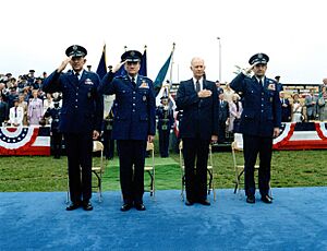 Chairman of The Joint Chiefs of Staff General David C. Jones and Secretary of The Air Force Verne Orr during General Robert C. Mathis retirement Ceremony at Bolling Air Force Base