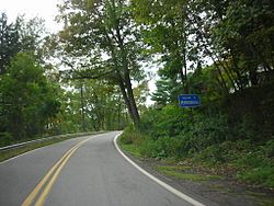 A curvy, paved road flanked by green trees on both sides.  A sign on the right side of the road reads "WELCOME TO PENNSYLVANIA."
