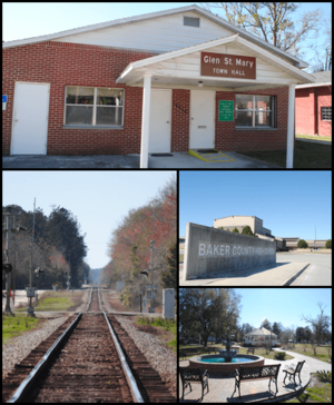 Top, left to right: Glen St. Mary Town Hall, CSX Tallahassee Subdivision railroad, Baker County High School, Celebration Park