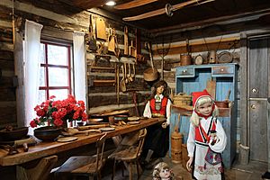 Interior of log cabin museum at Chapel in the Hills in Rapid City, South Dakota