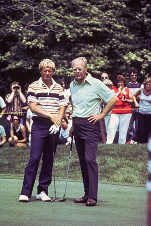 Jack Nicklaus and Gerald Ford at 1977 Memorial Tournament pro-am - restored