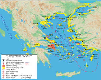 Delian League ("Athenian Empire") shown in yellow, Athenian territory shown in red, situation in 431 BC, before the Peloponnesian War.