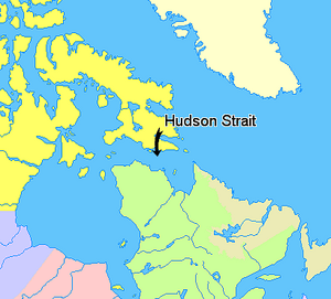 Map indicating Hudson Strait, Nunavut, Canada