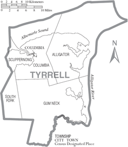 Map of Tyrrell County North Carolina With Municipal and Township Labels