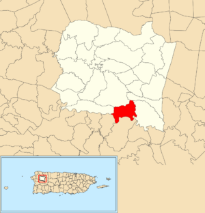 Location of Mirabales within the municipality of San Sebastián shown in red