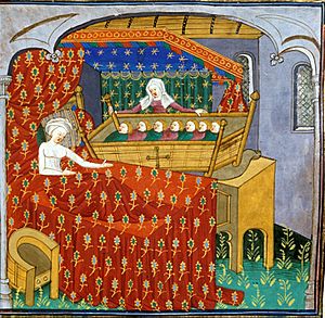 Mother in bed, with seven children in a cradle (British Library Royal 15 E VI f 273r (detail)