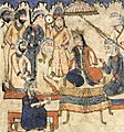 Muhammad b. Muhammad al-'Arif presents his work, Farhäd u Gulistan, to Shaikh Uvays Bahadur Khan, from Farhädnäma, Karabagh and Ardabil, 1369-72. Istanbul Topkapi Palace Museum Ms. H. 678 (detail)