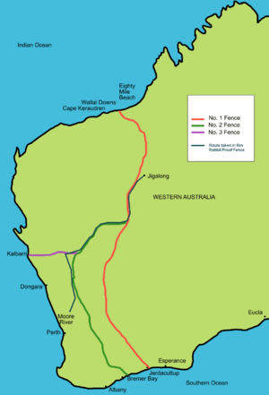 Rabbit proof fence map showing route.PNG