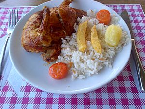 Roasted chicken with pilav and fries