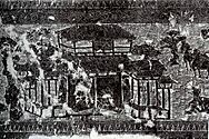 A rubbing of stone artwork depicting a large building complex