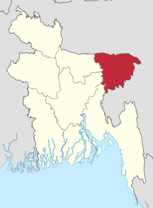 Map of Sylhet Division in red