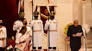 The President of India, Smt. Droupadi Murmu administering the oath of office to Shri Jagdeep Dhankhar as the 14th Vice President of India at Rashtrapati Bhawan, in New Delhi on August 11, 2022 (2)