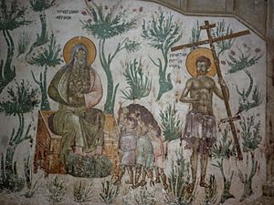 Праведни Авраам и прaведни (покајани) разбојник у рају, живопис у светој обитељи Грачаница, Србија