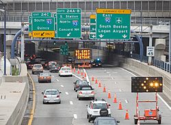 Traffic detoured onto I-93 at the South Bay Interchange after the Big Dig ceiling collapse.