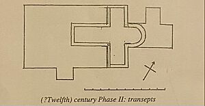 Hypothesised 12th century structure with 15th century structure overlaid - St Margaret's Church, Leicester