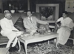 Jawaharlal Nehru and Indira Gandhi with A.I. Mikoyan, First Deputy Premier of USSR