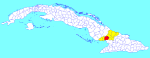 Jobabo municipality (red) within  Las Tunas Province (yellow) and Cuba