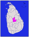 Area map of Matale District, located immediately north of the middle of the country, roughly the shape of a letter "C" and located in the Central Province of Sri Lanka