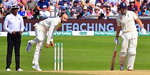 Nathan Lyon with Jonny Bairstow at the non-striker's end watching and umpire Joel Wilson also observing on day 4 of the 3rd Ashes Test between England and Australia at Headingley