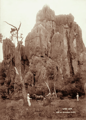 Queensland State Archives 2400 View of Tower Rock a buckboard and three men at the site of Chillagoe Caves 1897