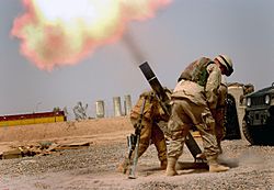 Soldiers firing a M120 120mm mortar (Iraq)