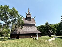 The Hopperstad Stave Church Replica is located at the Hjemkomst Center in Moorhead, Minnesota