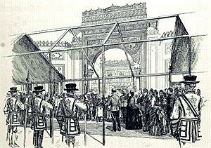 The Queen Opening the Colonial and Indian Exhibition Procession passing the principal entrance to the Indian Palace.jpg