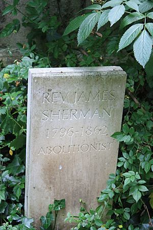The modern marker stone to Rev James Sherman, Abney Park Cemetery, London