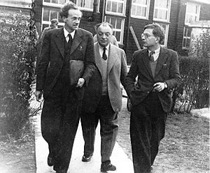 The physicists Paul Dirac, Wolfgang Pauli and Rudolf Peierls, c 1953. (9660575591)