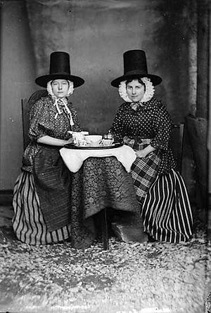 Two women in national dress drinking tea (Jones) NLW3363089