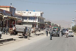 U.S. Soldiers with Charlie Company, 3rd Battalion, 187th Infantry Regiment, 101st Airborne Division, along with Afghan National Police officers, patrol the Sharana bazaar in western Paktika province 100821-A-OD503-018.jpg