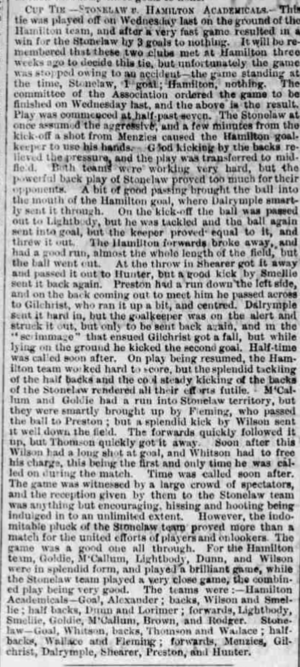 1879–80 Lanarkshire Cup semi-final, Hamilton Academical 0–3 Stonelaw, Rutherglen Reformer, 29 May 1880