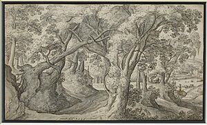 Hans Bol - Wooded landscape with buildings along a lake