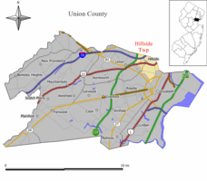 Map of Hillside Township in Union County. Inset: Location of Union County highlighted in the State of New Jersey.