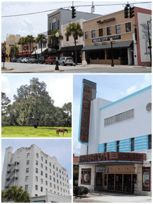 Top, left to right: Downtown Ocala, horse on a farm, Marion Hotel, Marion Theatre